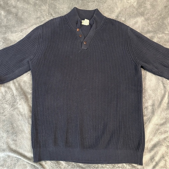 LL‎ Bean Men's XLTButton Front Cable Knit Fisherman Sweater 100% Cotton Navy